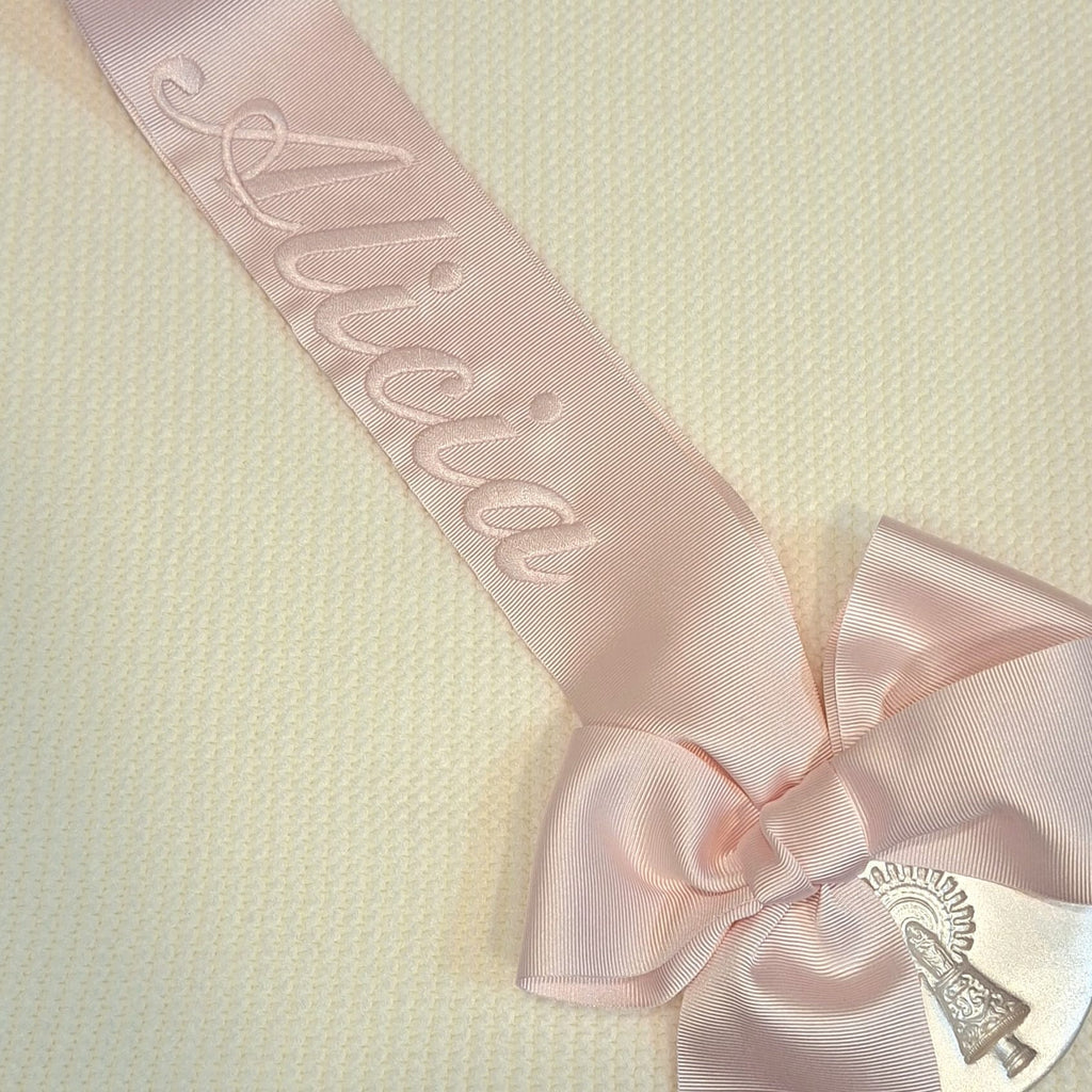 Medalla de la Virgen del Pilar de Zaragoza Cinta y Lazo Rosa con Nombre 1